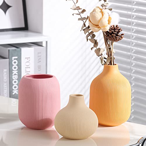 Modern Minimalist White Ceramic Decor Vase Set of 3, Neutral Small Ribbed Vases for Table, Shelf, Bookshelf, and Entryway