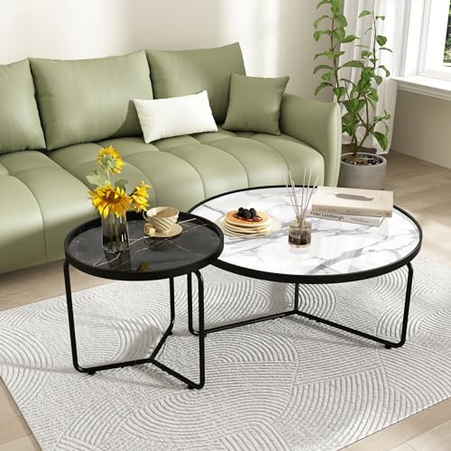 HLR White Round Glass Coffee Table Set of 2,Modern Coffee Table with Sturdy Metal Frame,Cocktail Table with Classic White and Black Faux Marble Tray Top,Nesting Table for Living Room Patio Office