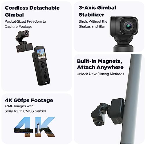Feiyu Pocket 3 Kit: Remote Handle&Camera – Camera with 3-Axis Gimbal, Cordless Detachable Designed, Magnetic Mount, for Travel, Car Vlog, Pet & YouTube Videos, FeiyuVCAM3S