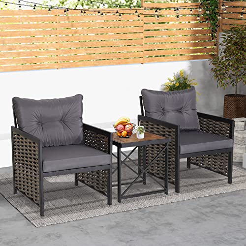 Tangkula 3 Piece Rattan Chair Set, Patio Wicker Chairs and Coffee Table Set, Heavy-Duty Metal Frame & Durable Acacia Wood Tabletop, Outdoor Furniture Set for Backyard, Front Porch, Deck (White)