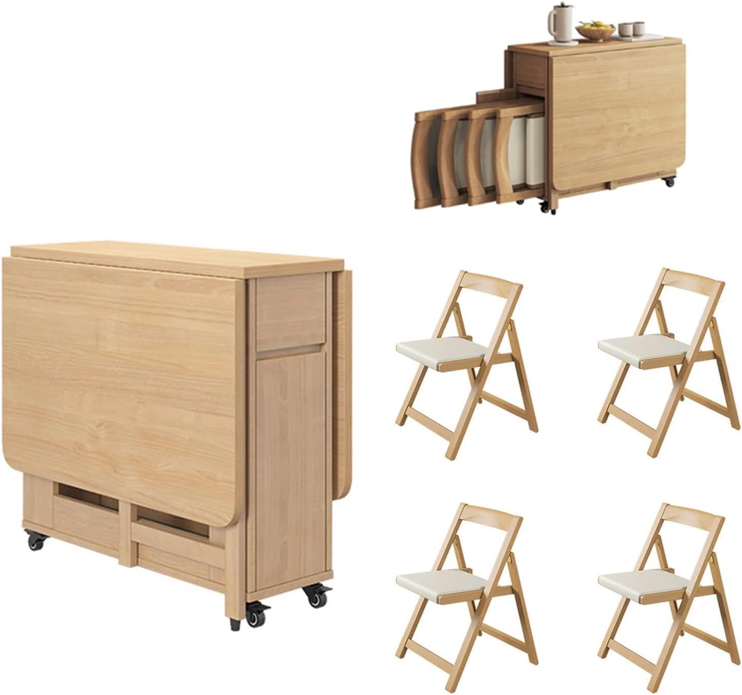 Solid Wood Folding Dining Table Set,1.4m Butterfly Drop Leaf Dining Table with 4 Folding Chairs,Single Drawer Suitable for Dining Rooms