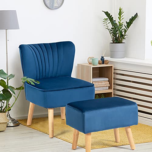 KOTEK Accent Chair with Ottoman, Velvet Upholstered Armless Chair with Footstool, Rubber Wood Legs & Comfy Padded Seat, Modern Slipper Chair with Ottoman for Living Room, Bedroom (Turquoise)
