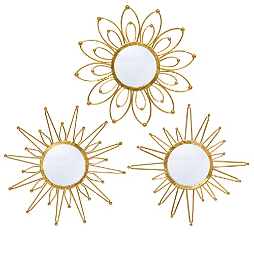 Mirror Wall Decor Gold Mirrors for Wall Metal Sunburst Mirrors Home Decoration Wall Art Decorative Mirror Suitable for Living Room Bedroom Entrance Set of 3