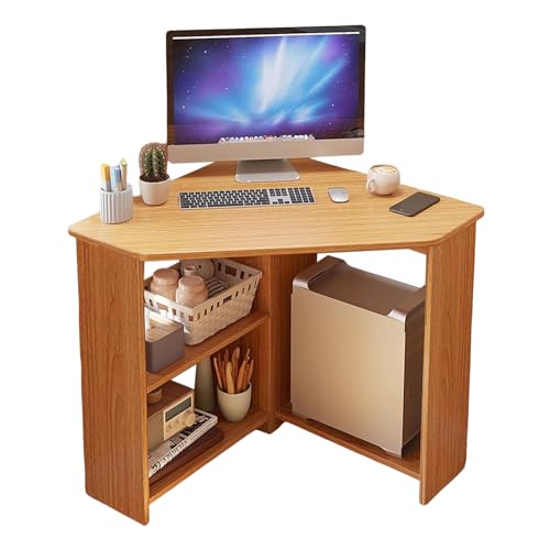 Corner Desk with Storage, Corner Computer Desk with Drawers and Open Shelves, Triangle Corner Desk for Small Space, Home Office, Workstation, Living Room, Bedroom (Light Brown)