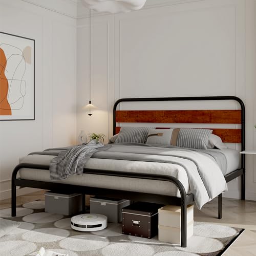 GAOMON Bed Frame, Queen Size Platform Bed Frame with Wood Headboard, Heavy Duty Metal Slat Support, Noise Free Design Mattress Foundation, Easy Installation, Light Brown
