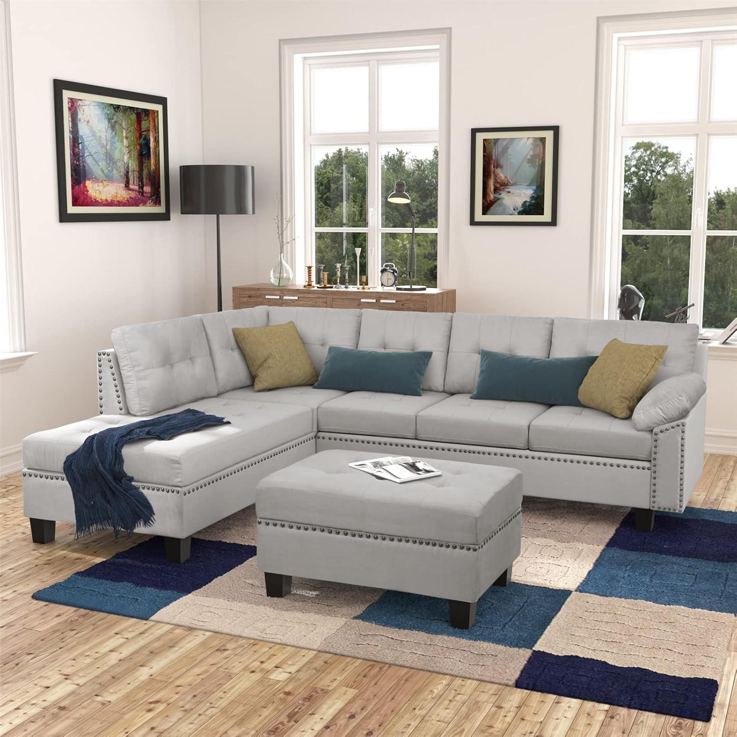 Large Sectional Sofa Set Living Room Corner Sofa L-Shaped Couch with Modern Microsuede Fabric,Sectional Sofa Set with Chaise Lounge and Storage Ottoman Nail Head Detail for Living Room Office