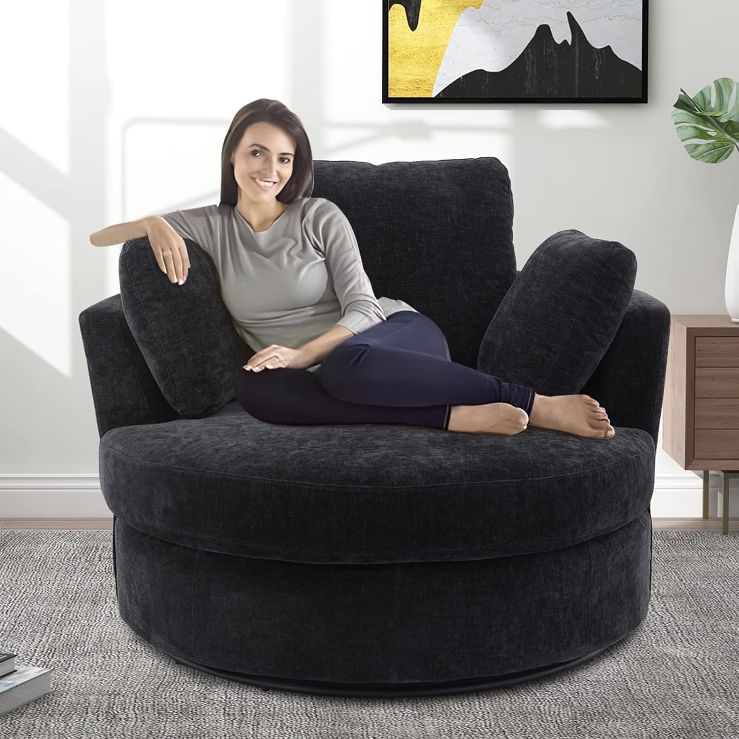 Swivel Barrel Chair for Living Room, Modern Round Swivel Chair Sofa Chair Chenille Club Chair Boucle Chair Armchair Decorative Furniture Nursery Chair, Bedroom, Classroom Corner Chair (Black)