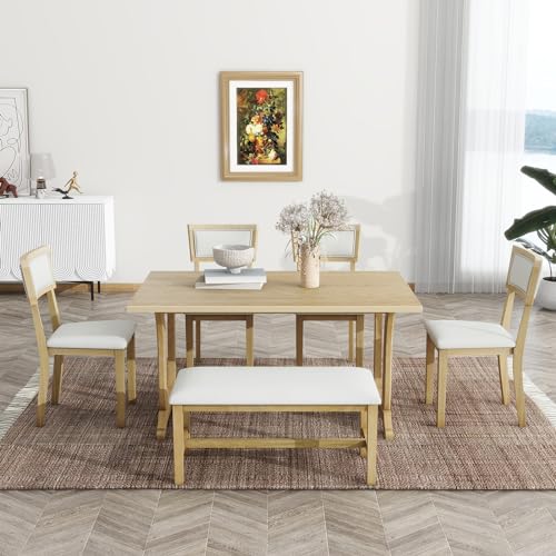 Farmhouse 6-Piece Trestle Dining Table Set, Wooden Rectangular Kitchen Table Set with 4 Upholstered Dining Chairs and Bench Rustic Style Dining Room Table Set for Living Room, Apartment, White