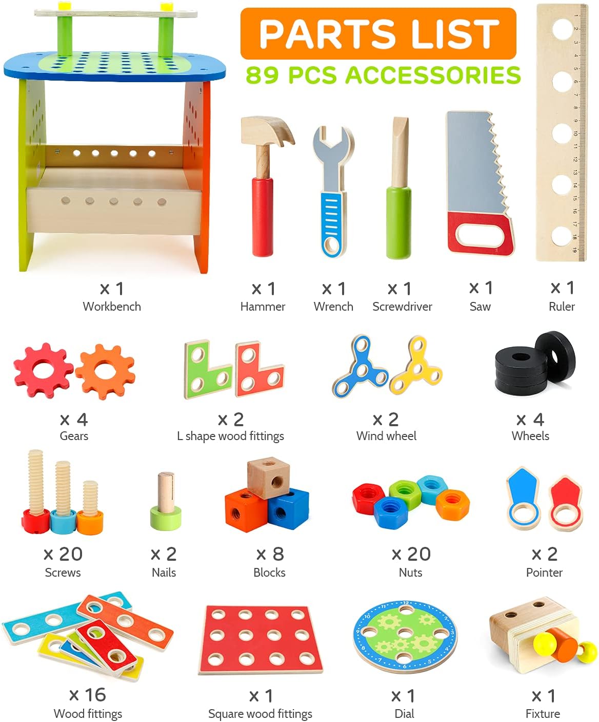 Ohuhu Kids Tool Set: 89Pcs Wooden Toddler Tool Workbench Toy Set with Construction Learning Educational Bench Play Toys for Boys Girls Age 3 4 5 6 7 Birthday Gift