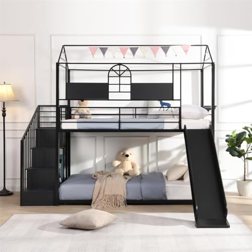 Bunk Bed Twin Over Twin Size with Ladder for Junior, Metal Twin Bunk Beds with Safety Full-Length Guardrail, Space-Saving Noise-Free Matte No Box Spring (Black)