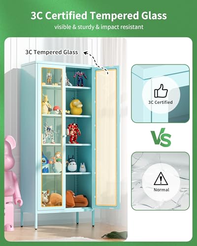 Greenvelly Metal Glass Display Cabinet with 5-Tier Storage Shelves, Tall Curio Cabinets with Glass Doors and Shelves, White Steel Cabinet Collectibles Display Case for Home Office, Living Room, Pantry