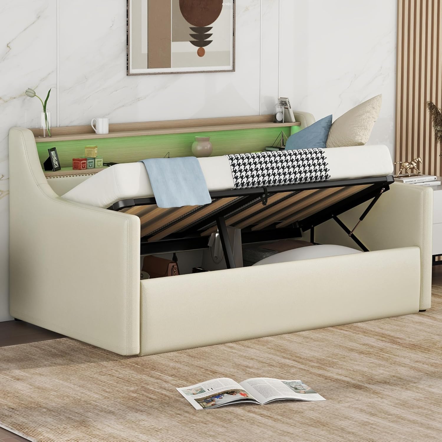 Bellemave PU Leather, Twin Daybed Frame with Lift System Headboard, LED Day Beds Size with Charging Station, Beige Hydraulic Storage