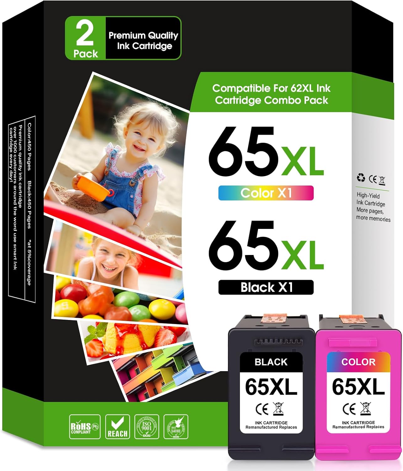 65 Ink Cartridges Black/Color Combo Pack Compatible with HP Ink 65 HP 65 Ink HP65 Ink Cartridges Works with HP Envy 5055 5052 5058 DeskJet 3700 3752 3755 2655 2652 (Black and Color) 2 Pack
