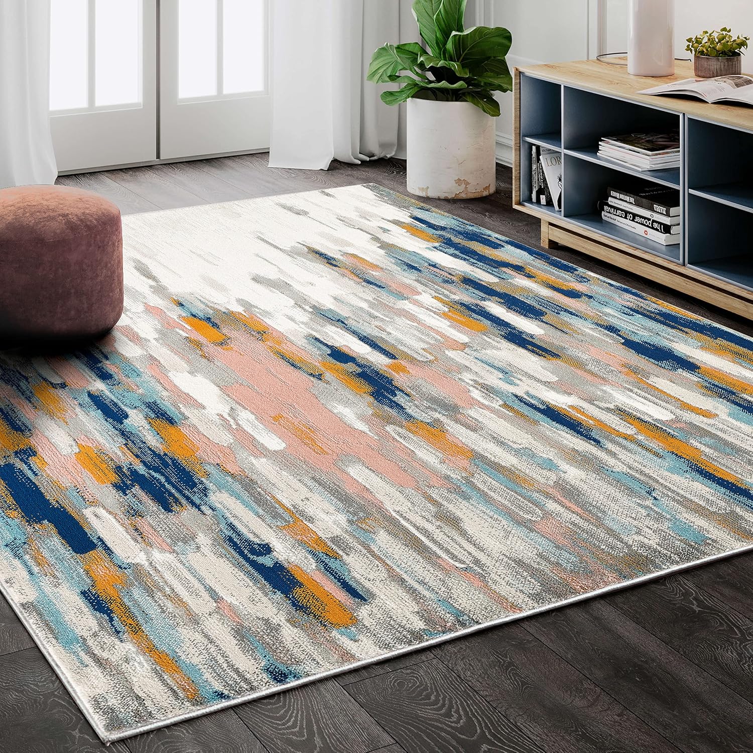 Abani Rugs Orange & Blue Contemporary Abstract Area Rug Contemporary Style, PORTO Collection Stain Shedding Resistant, 6' x 9' Rectangle