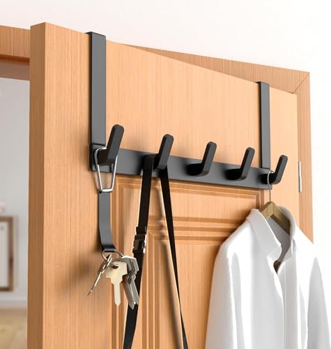 Over The Door Hooks Hanger with Extended Arms - Bathroom Accessories and Towel Rack Organizer Holder for Coat Robe Hat - 1 Pack, Matte Black