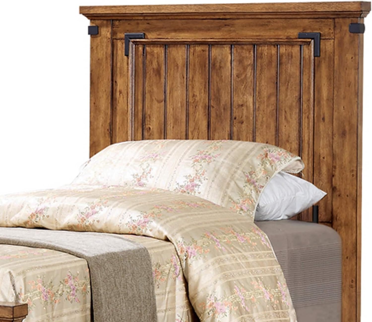 Cottage Style Twin Size Bed with Plank Detailing and Metal Accents Brown Modern Contemporary Wood Bronze Custom