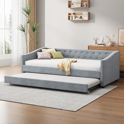 Ball & Cast Full Daybed with Trundle,Sofa Bed Frame,Button on Back and Wave Handrail,Suitable for Bedroom,living room（Beige）