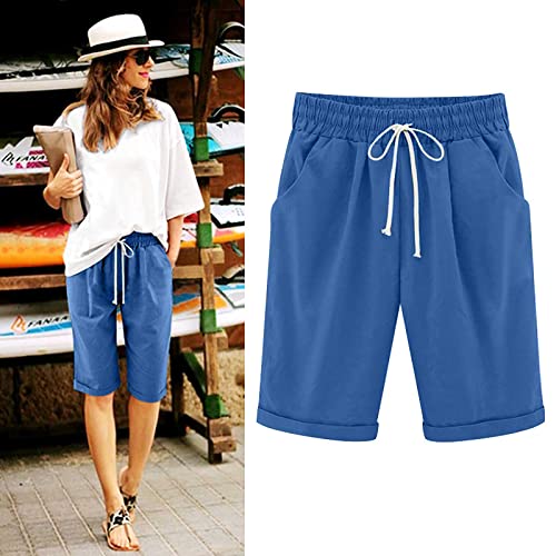 Bermuda Shorts for Women High Waisted Linen Shorts Solid Color Drawstring Shorts Loose Casual Capris Shorts