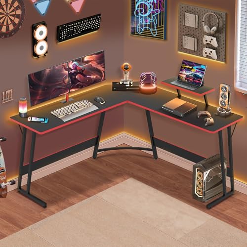 Gaming Desk L Shape, L Shape Desk, Corner Gaming Desk, Black Desk with Large Monitor Riser Stand for Home Office Sturdy Writing Work Desk, 50 Inch (Black)