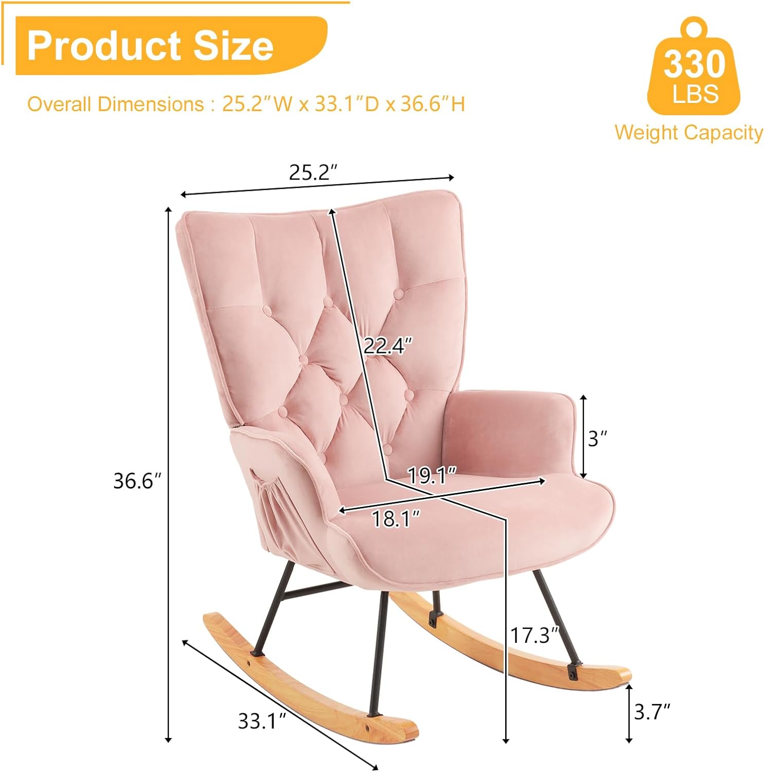 Upholstered Pink Nursery Rocking Chair Glider Recliner - Stylish High Backrest Accent Chair for Living Room & Bedroom