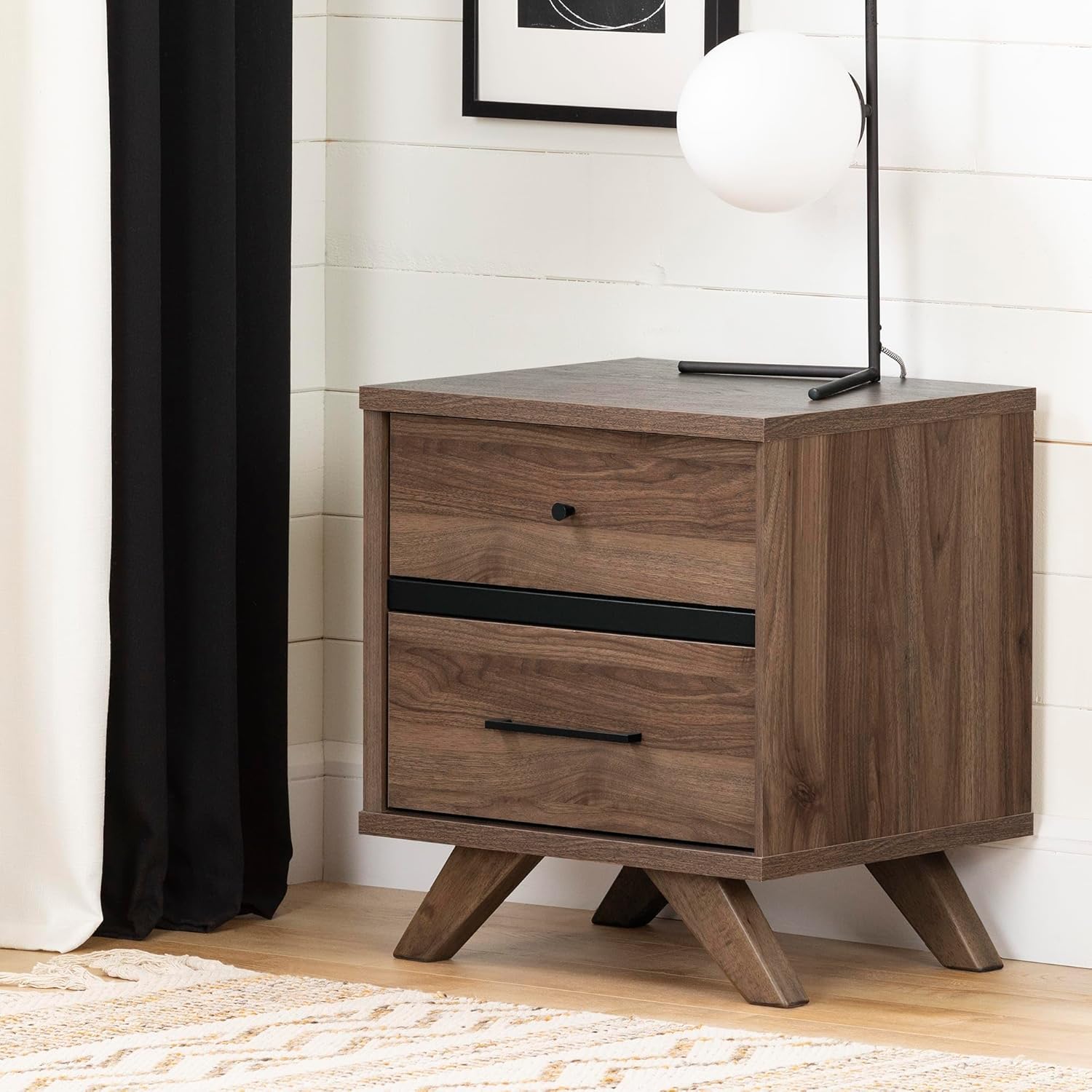 South Shore Flam 2-Drawer Nightstand-End Table with Storage, Natural Walnut and Matte Black
