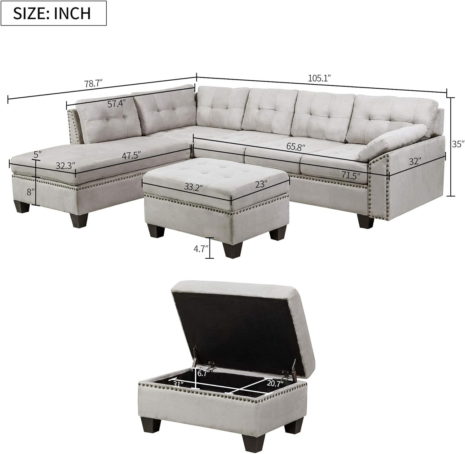 Large Sectional Sofa Set Living Room Corner Sofa L-Shaped Couch with Modern Microsuede Fabric,Sectional Sofa Set with Chaise Lounge and Storage Ottoman Nail Head Detail for Living Room Office