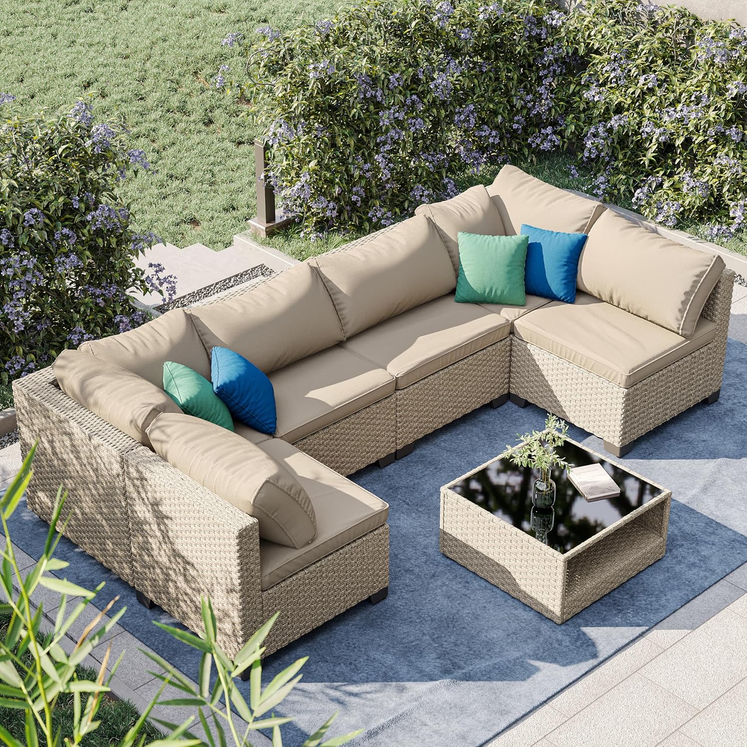 Patio Furniture Set with Glass Top Coffee Table, All-Weather Rattan Wicker Conversation Sofa w/Water Resistant Cushion, 6 Seat Outside Modular Sectional Couches for Garden, Porch, Backyard