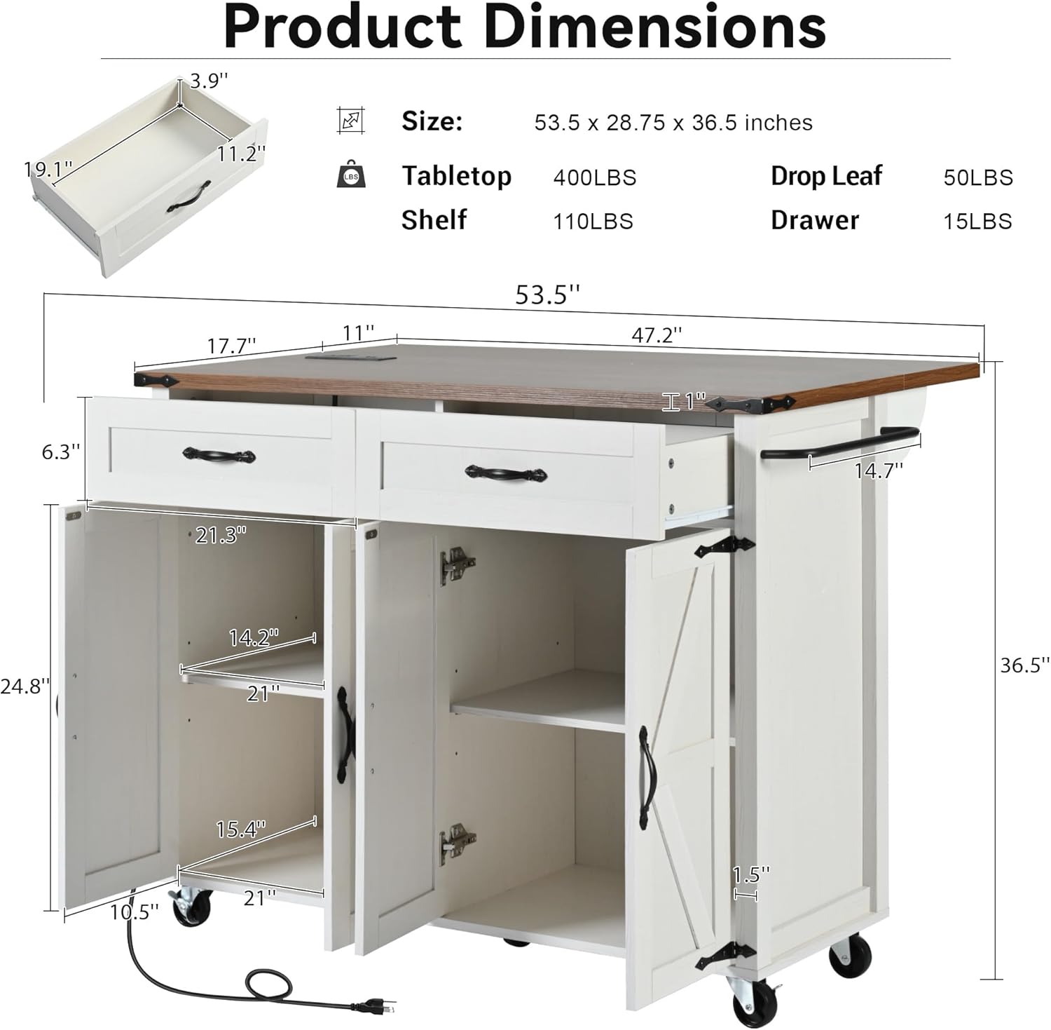 53.5''Farmhouse Kitchen Island with Power Outlet, Kitchen Storage Island with Drop Leaf, Spice Rack and Drawer, Rolling Kitchen Cart on Wheels, for Home, Kitchen and Dining Room, White