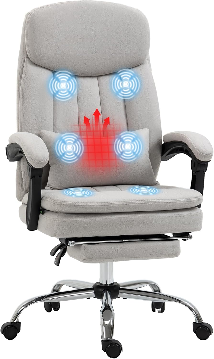 Executive Massage Office Chair, Swivel Computer Desk Chair, Microfibre Heated Reclining Computer PU Leather Chair with Lumbar Support Pillow, Light Gray