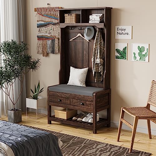 68.9 Inch Hall Tree, 3 in 1 Freestanding Entryway Coat Rack Shoe Bench, Modern Mudroom Bench with Storage and 4 Hooks, 2 Drawers Soft Cushion for for Living Room Bedroom, Brown