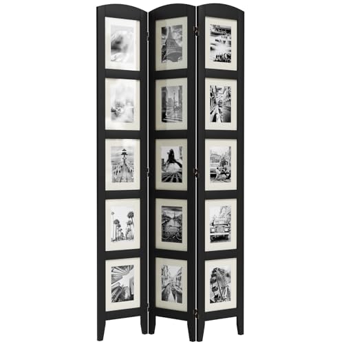 SZQINJI 3 Panel Photo Room Divider Screen, Solid Wood Divider for Room Separation for 8x10 Picture Frame without Mat for 5x7 Photo with Mat, Black