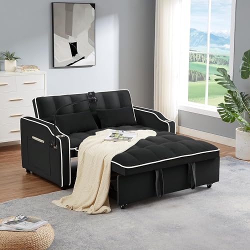 3 in 1 Sleeper Sofa Couch Bed, Velvet Convertible Loveseat Sleeper Sofa with USB Port and Ashtray and Swivel Phone Stand, Storage Pockets, Pull Out Loveseat Sleeper for Living Room, Grey