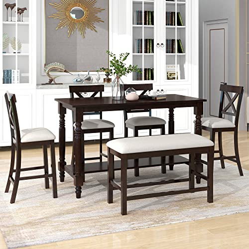 Dining Table Set for 6, Kitchen Table and Chairs Dining Room Table Set for 6 with 1 Bench and 4 Upholstered Dining Chairs, Modern Wood Farmhouse Dinner Table Set (Style A)