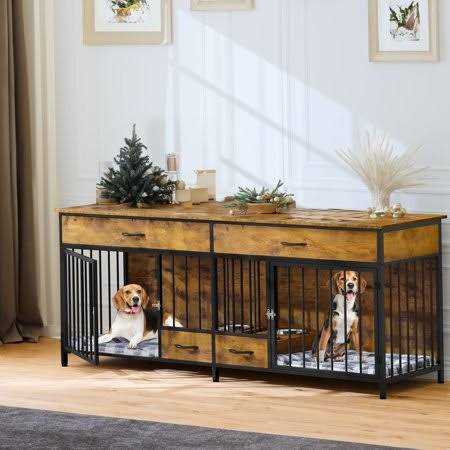 Dextrus Dog Crate Furniture Large Breed with Dog Feeder 74.8 inch inch Wooden Dog Kennel Furniture Indoor Heavy Duty Dog Crate with Drawers - Pet Supplies online store