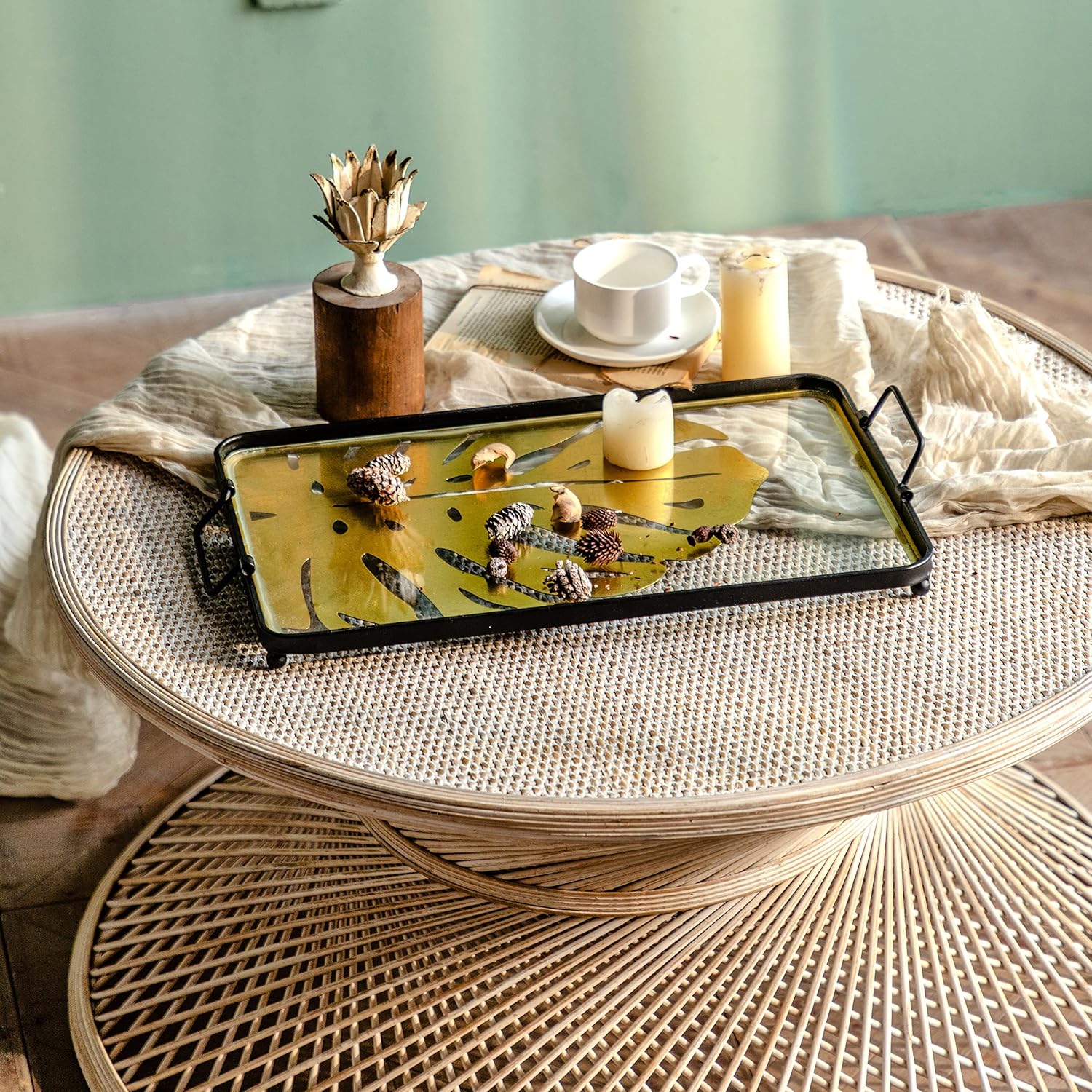 Round Rattan Coffee Table Living Room, Natural Durable Woven Rattan Round Coffee Table for Patio Indoor, 31.5