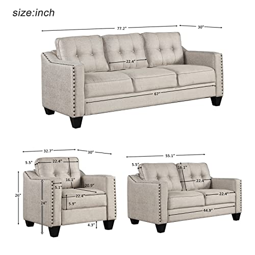 3 Piece Modular Sectional Sofa Couch Set, 3 Seater, Loveseat and Armchair, Modern Nail Head Trim Linen Blend Couch Sofa Set for Living Room Apartment, Sturdy Solid Wood Frame, Thicken Cushion, Beige
