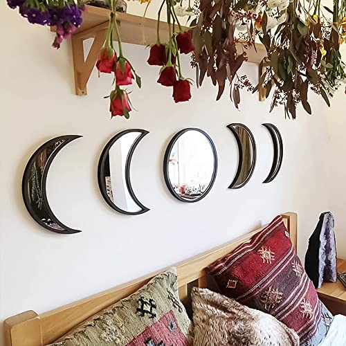 5 Piece Moon Phase Mirror Set, Scandinavian Natural Decor Wall Decorative Mirror Home Decor Bohemian Moon Mirror for Living Room Bedroom, Acrylic Mirror, Not Real Mirror(Black)
