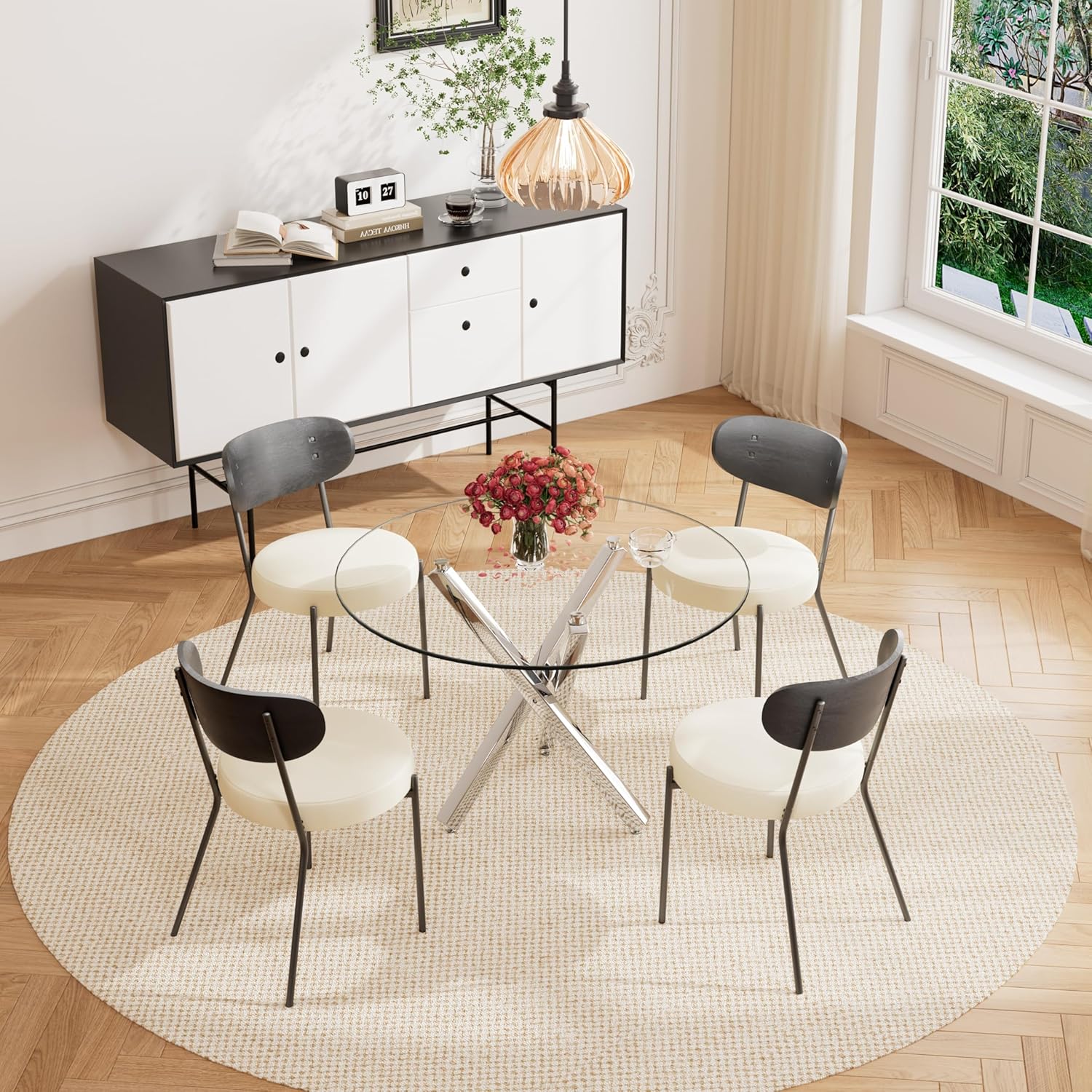 RGZ Round Glass Dining Table Set for 4, Mid Century Modern Circle Dining Room Table Set, 40'' Small Circular Glass Top Dining Set,5 Pcs Kitchen Table Set with Beige PU Faux Leather Chairs (Silver)