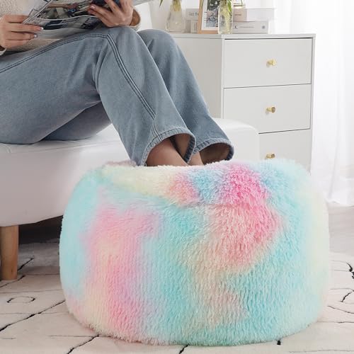 HOMBYS Unstuffed Ottoman Pouf Cover,Round Faux Fur Foot Stool, 20