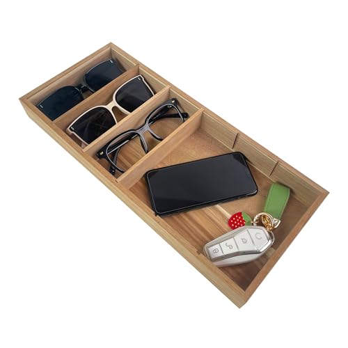CatchAll Tray for Entryway Table - Sunglass Drawer Organizer Tray with Removable Dividers to Storage Wallet/Watches/Keys/Cellphones (Acacia)