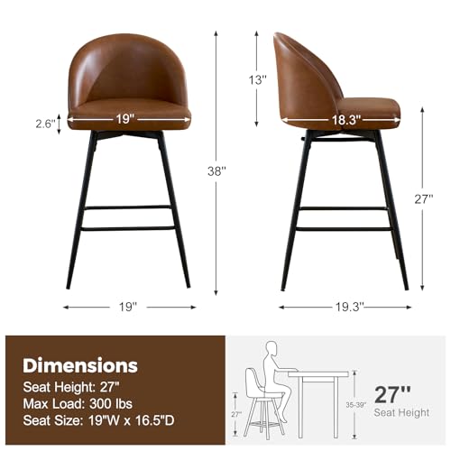 ELUCHANG 360° Swivel Counter Height Bar Stool Chairs Set of 4, Modern 27'' Upholstered Barstools with Back & Metal Frame, Counter Top Stools for Kitchen Island, Faux Leather, Dark Brown
