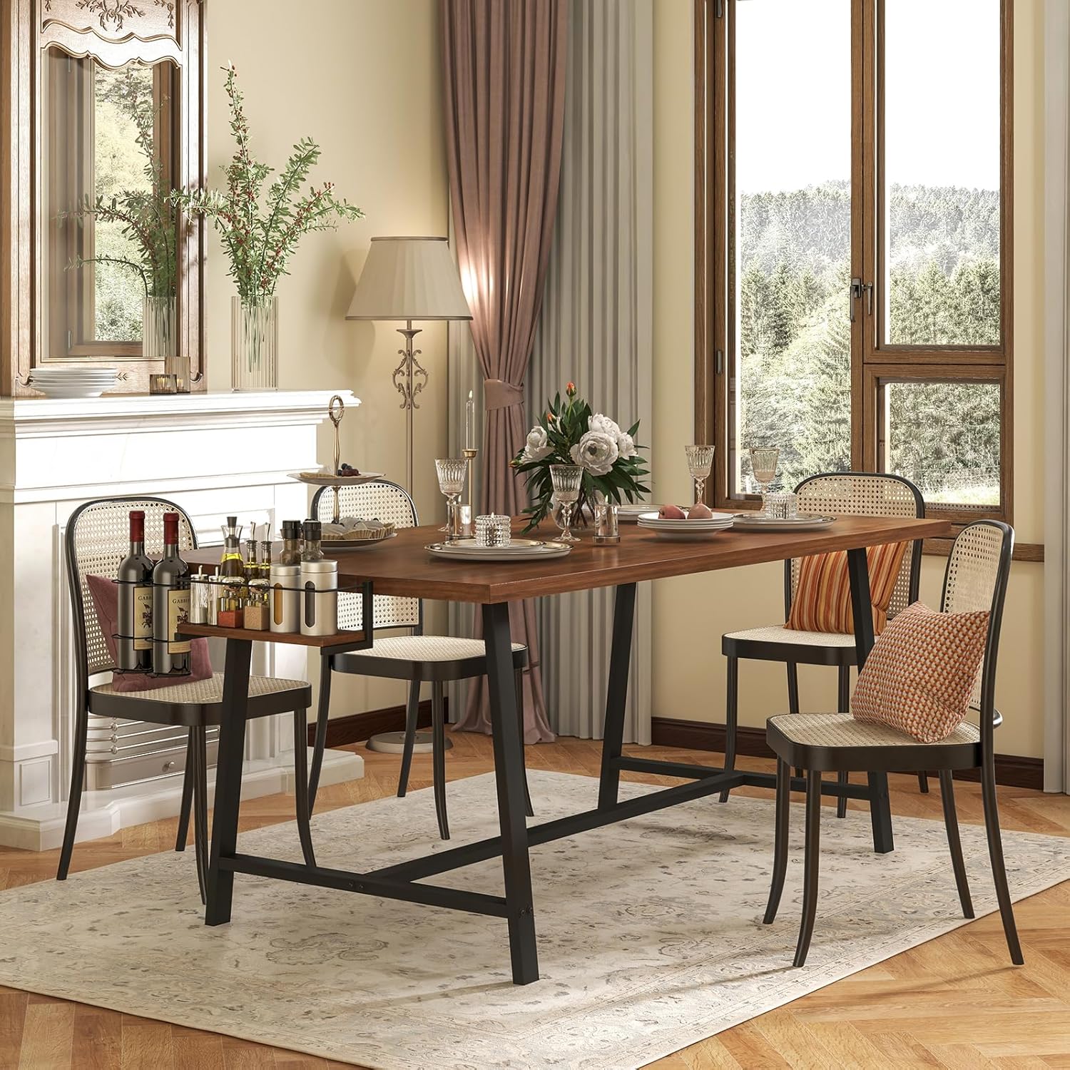 72” Dining Table for 5-7 Person, Rectangular Wood Dining Table with Heavy-duty Metal Frame, Wine Rack & Condiment Holder, Farmhouse Kitchen Table for Family Gathering, Dining Room & Living Room