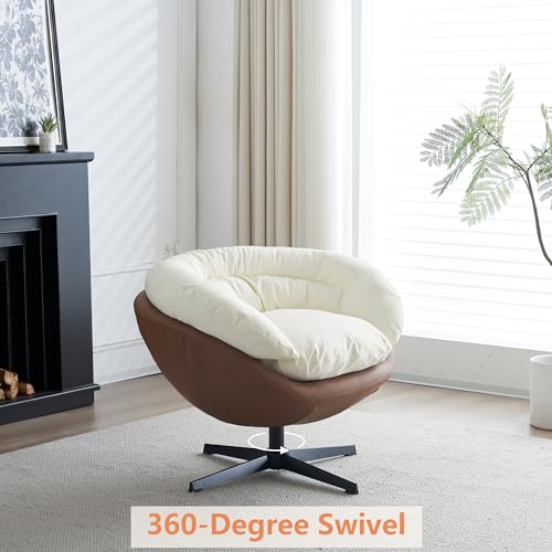 Swivel Accent Chair Modern PU Leather Swivel Barrel Chair Upholstered Comfy Round Armchair with Detachable Cushion 360 Degree Swivel Sofa Chair for Living Room, Bedroom, Home Office (White+Black)