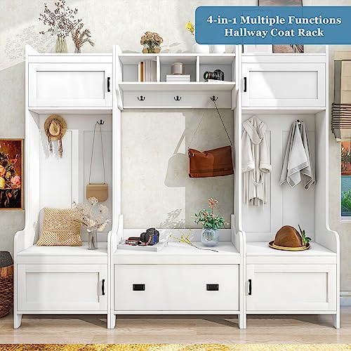 BNSPLY Hall Tree with Bench and 24 Shoe Cubbies, 3 in 1 Entryway Bench with Coat Rack and Shelves, Mudroom Bench with 6 Double Hooks, Entryway Furniture for Hallway (White, 60
