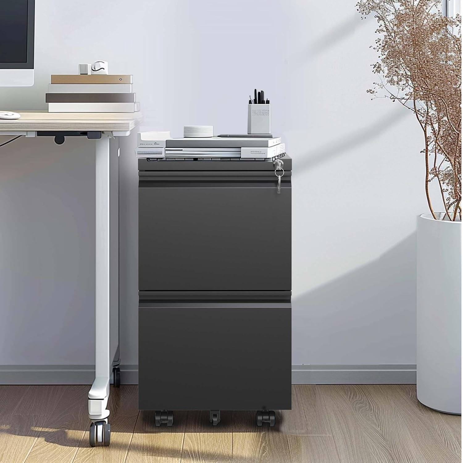 2 Drawer Metal Mobile File Cabinet, Rolling File Cabinet with Lock for Hanging Legal/Letter/A4 Size,Fully Assembled Except Wheels (Black)
