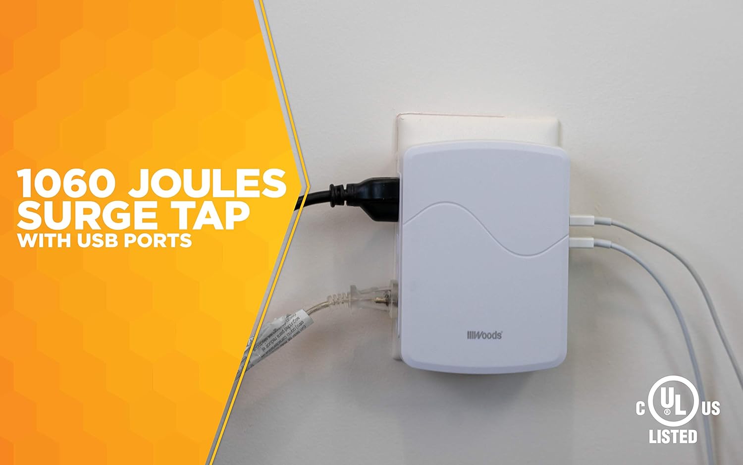 Woods 41260 Surge Tap with 3 Side Entry Grounded Outlets and 4 USB Ports (Three Type-A & One Type-C), White