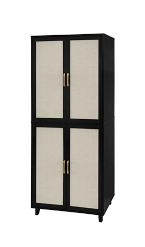 72'' Kitchen Pantry Storage Cabinet, Rustic Freestanding Rattan Wooden Buffet Cupboard Sideboard with 4 Doors + 6 Shelves + 1 Slide Drawer for Kitchen, Living Room, Dinning Room (Wood)