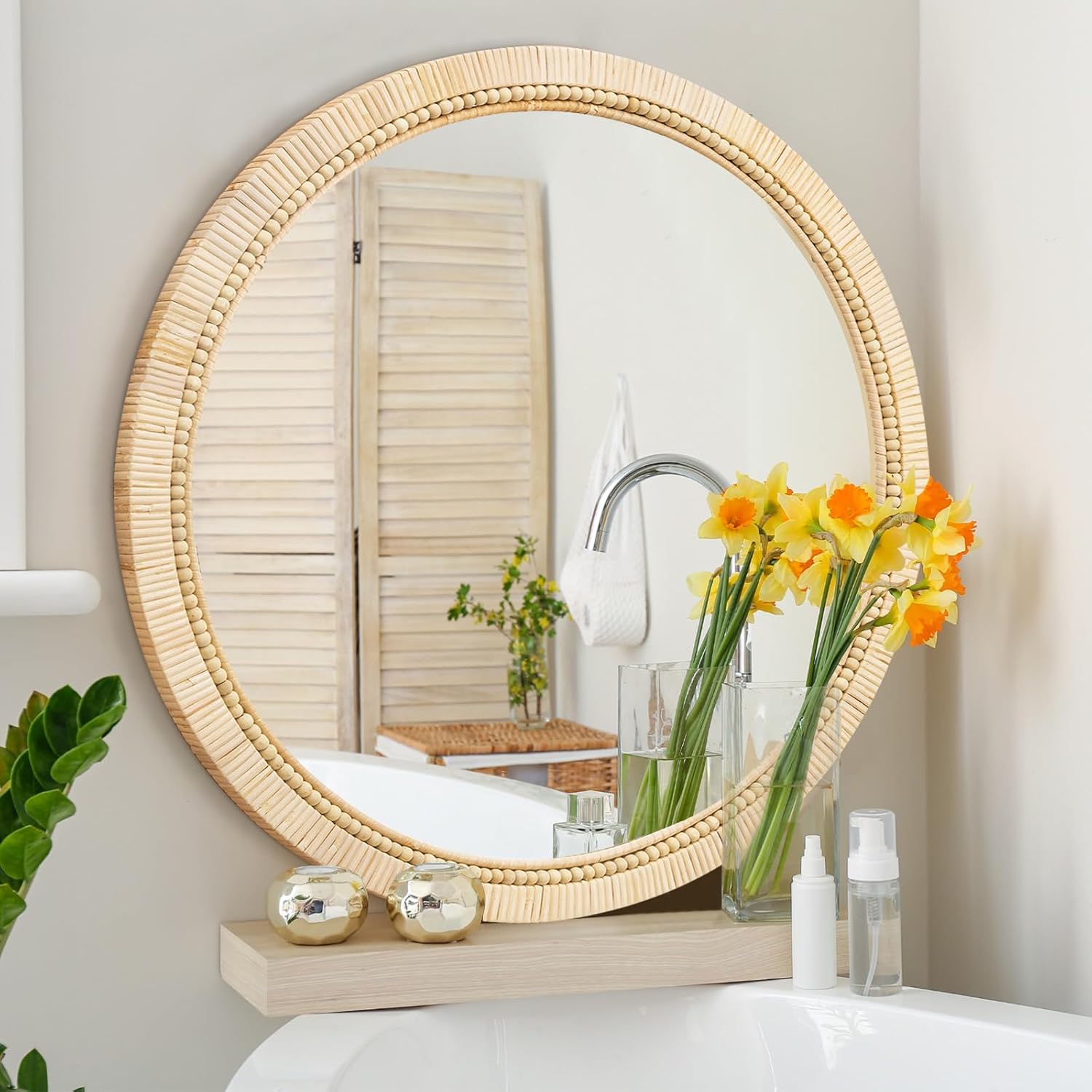 ULIKE Rattan Mirror Round 24 Inch for Bathroom, Wicker Mirrors Wood Framed Circle Boho Nursery Hanging Mirror, Wooden Beads Art Decoration Mirror for Bedroom Living Room Entryway