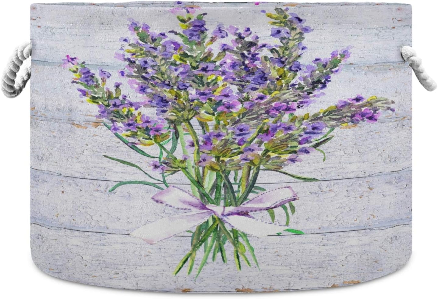 ALAZA Large Storage Basket for Toys Vintage Provencal Lavender Flowers Wooden Round Blanket Basket Baby Laundry Hamper Canvas Organizer Bin Box Cotton Rope Collapsible Bucket Pillow Home Decor
