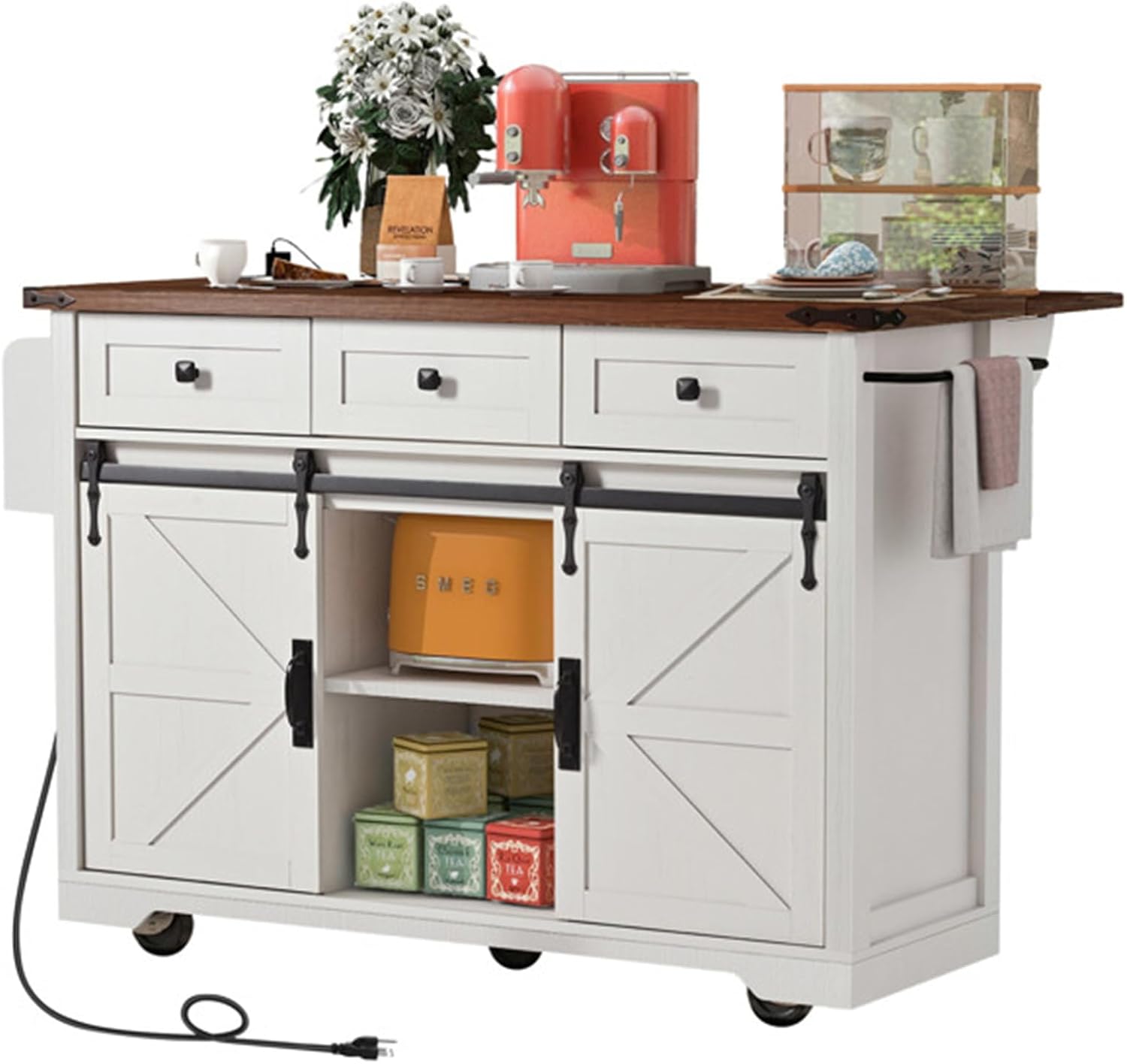 Kitchen Island Cart with Storage Cabinet,2 Sliding Barn Door,Drop Leaf,Solid Wood Flip Tabletop, Microwave Cabinet, Floor Standing Buffet Server Cabinet for Kitchen, Dining Room, Bathroom ,Black